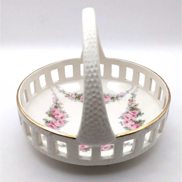 Antique Signed Max Roesler Pierced Porcelain Floral Basket Germany #4919 - Picture 5 of 8